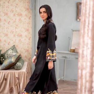 Sara Black Elegance Embroidered Long Shirt 2PC Suit